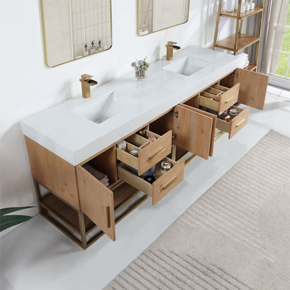Bianco 84" Double Bathroom Vanity in Light Brown with Brushed Gold Support Base and White Engineered Stone Countertop without Mirror