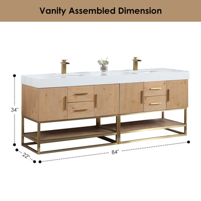 Bianco 84" Double Bathroom Vanity in Light Brown with Brushed Gold Support Base and White Engineered Stone Countertop with Mirror