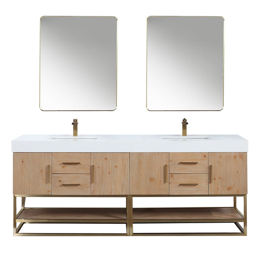 Bianco 84" Double Bathroom Vanity in Light Brown with Brushed Gold Support Base and White Engineered Stone Countertop with Mirror