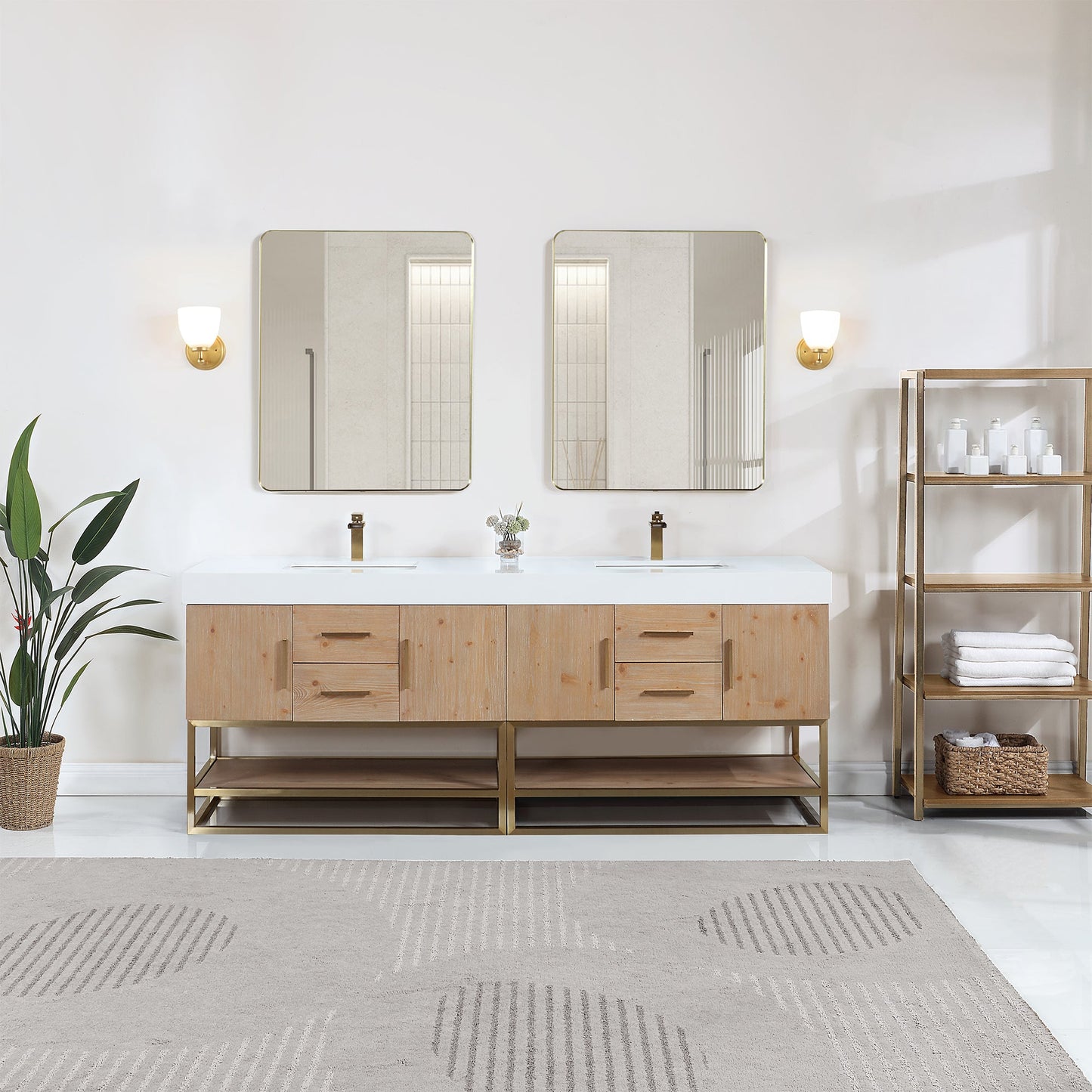 Bianco 84" Double Bathroom Vanity in Light Brown with Brushed Gold Support Base and White Engineered Stone Countertop with Mirror