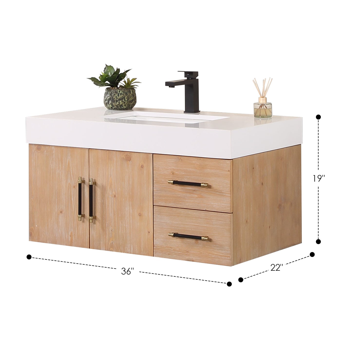 Corchia 36" Wall-mounted Single Bathroom Vanity in Light Brown with White Engineered Stone Countertop without Mirror