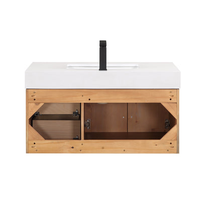 Corchia 36" Wall-mounted Single Bathroom Vanity in Light Brown with White Engineered Stone Countertop without Mirror