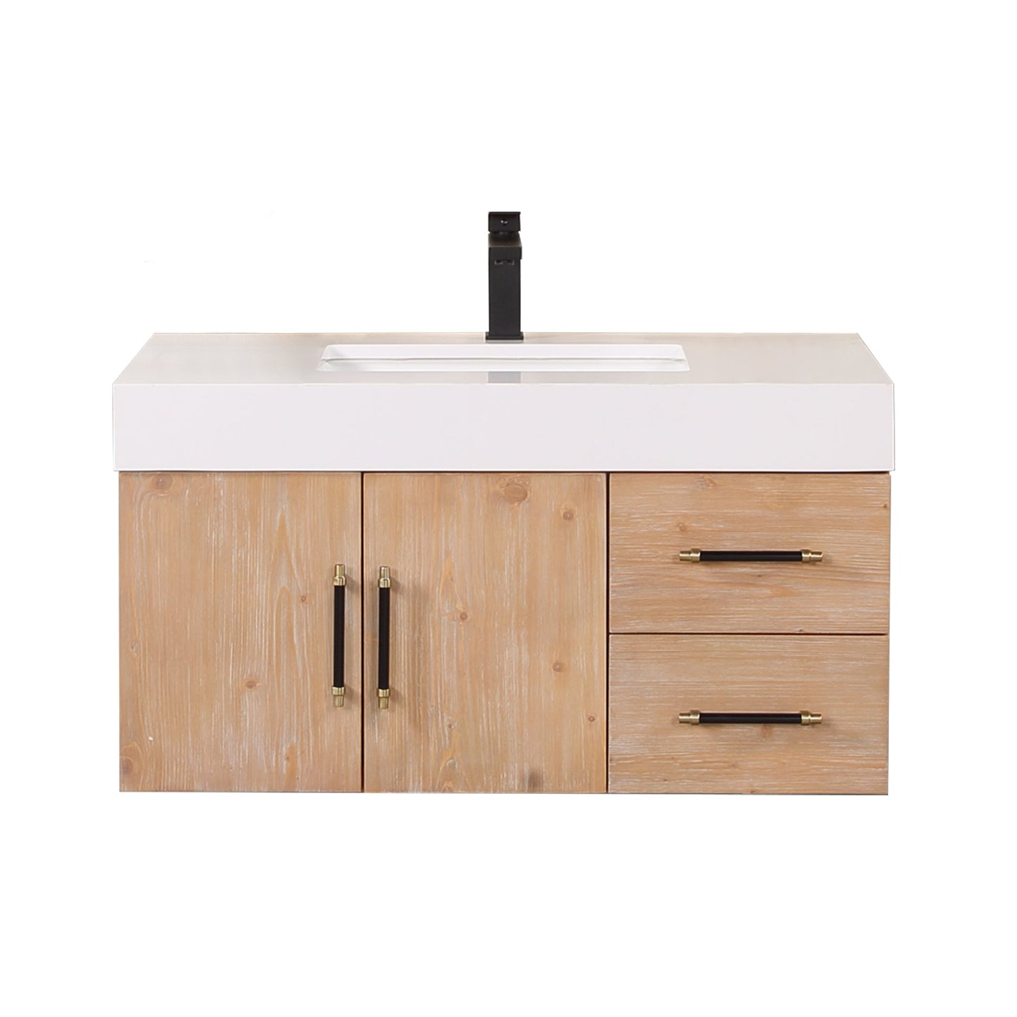 Corchia 36" Wall-mounted Single Bathroom Vanity in Light Brown with White Engineered Stone Countertop without Mirror