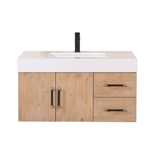 Corchia 36" Wall-mounted Single Bathroom Vanity in Light Brown with White Engineered Stone Countertop without Mirror