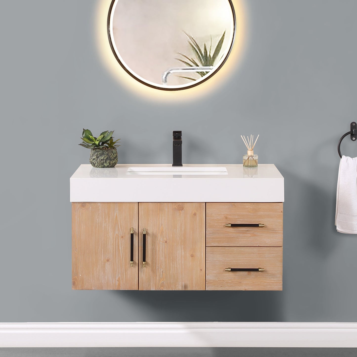 Corchia 36" Wall-mounted Single Bathroom Vanity in Light Brown with White Engineered Stone Countertop without Mirror