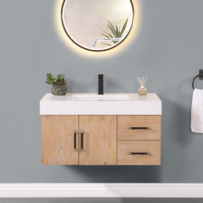 Corchia 36" Wall-mounted Single Bathroom Vanity in Light Brown with White Engineered Stone Countertop without Mirror