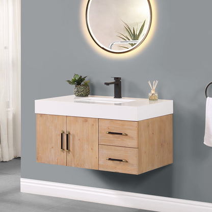 Corchia 36" Wall-mounted Single Bathroom Vanity in Light Brown with White Engineered Stone Countertop without Mirror