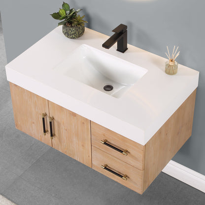 Corchia 36" Wall-mounted Single Bathroom Vanity in Light Brown with White Engineered Stone Countertop without Mirror