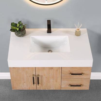 Corchia 36" Wall-mounted Single Bathroom Vanity in Light Brown with White Engineered Stone Countertop without Mirror