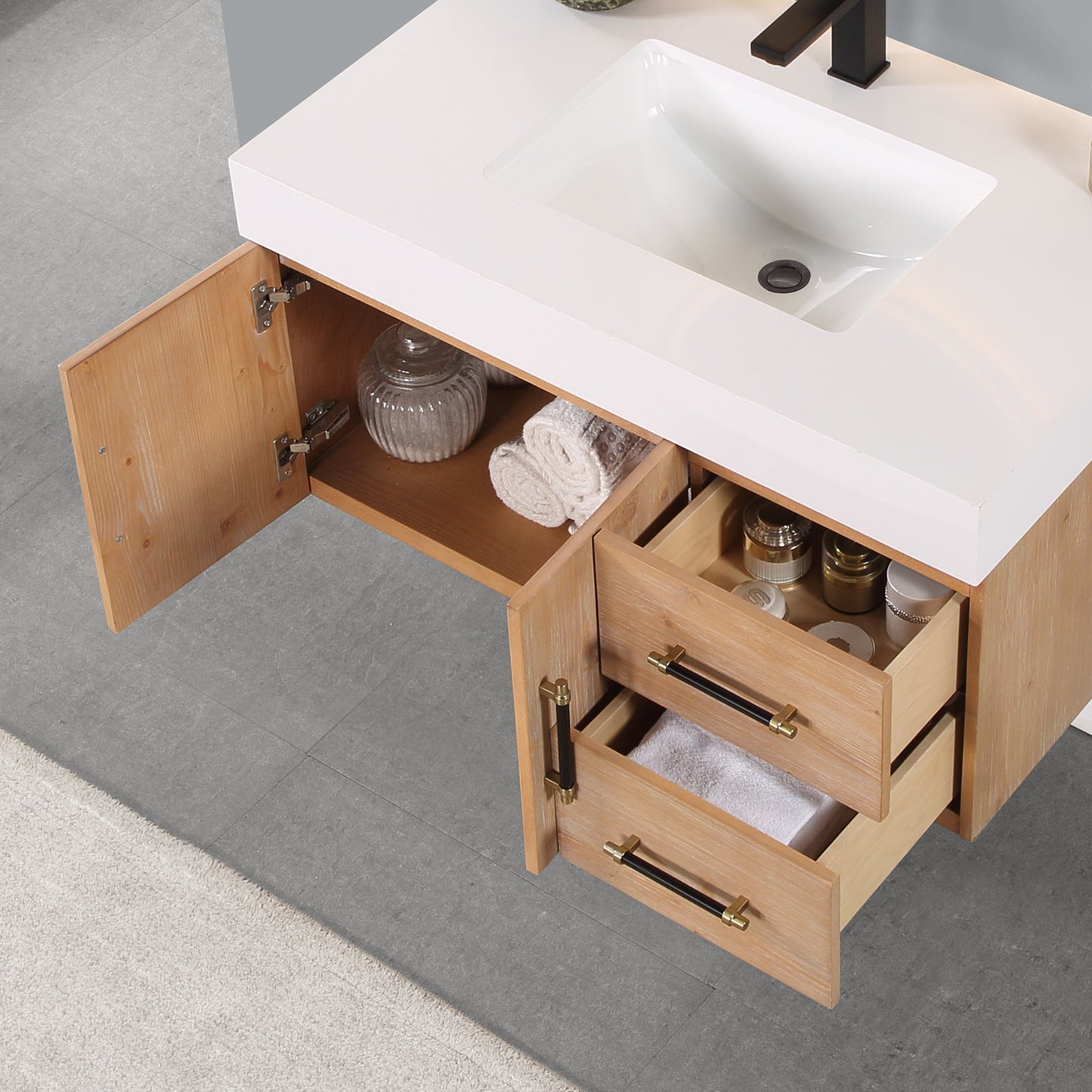 Corchia 36" Wall-mounted Single Bathroom Vanity in Light Brown with White Engineered Stone Countertop without Mirror