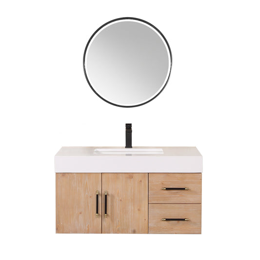 Corchia 36" Wall-mounted Single Bathroom Vanity in Light Brown with White Engineered Stone Countertop with Mirror