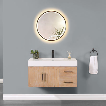 Corchia 36" Wall-mounted Single Bathroom Vanity in Light Brown with White Engineered Stone Countertop with Mirror
