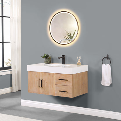 Corchia 36" Wall-mounted Single Bathroom Vanity in Light Brown with White Engineered Stone Countertop with Mirror