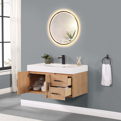 Corchia 36" Wall-mounted Single Bathroom Vanity in Light Brown with White Engineered Stone Countertop with Mirror