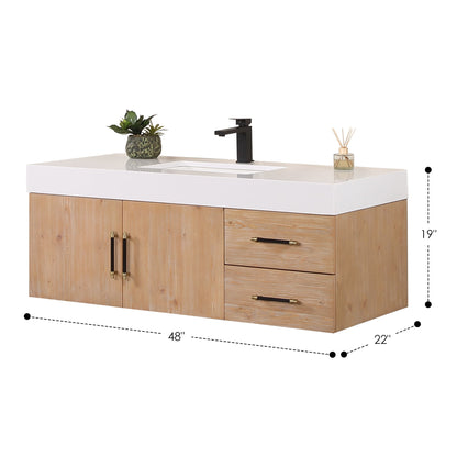 Corchia 48" Wall-mounted Single Bathroom Vanity in Light Brown with White Engineered Stone Countertop without Mirror