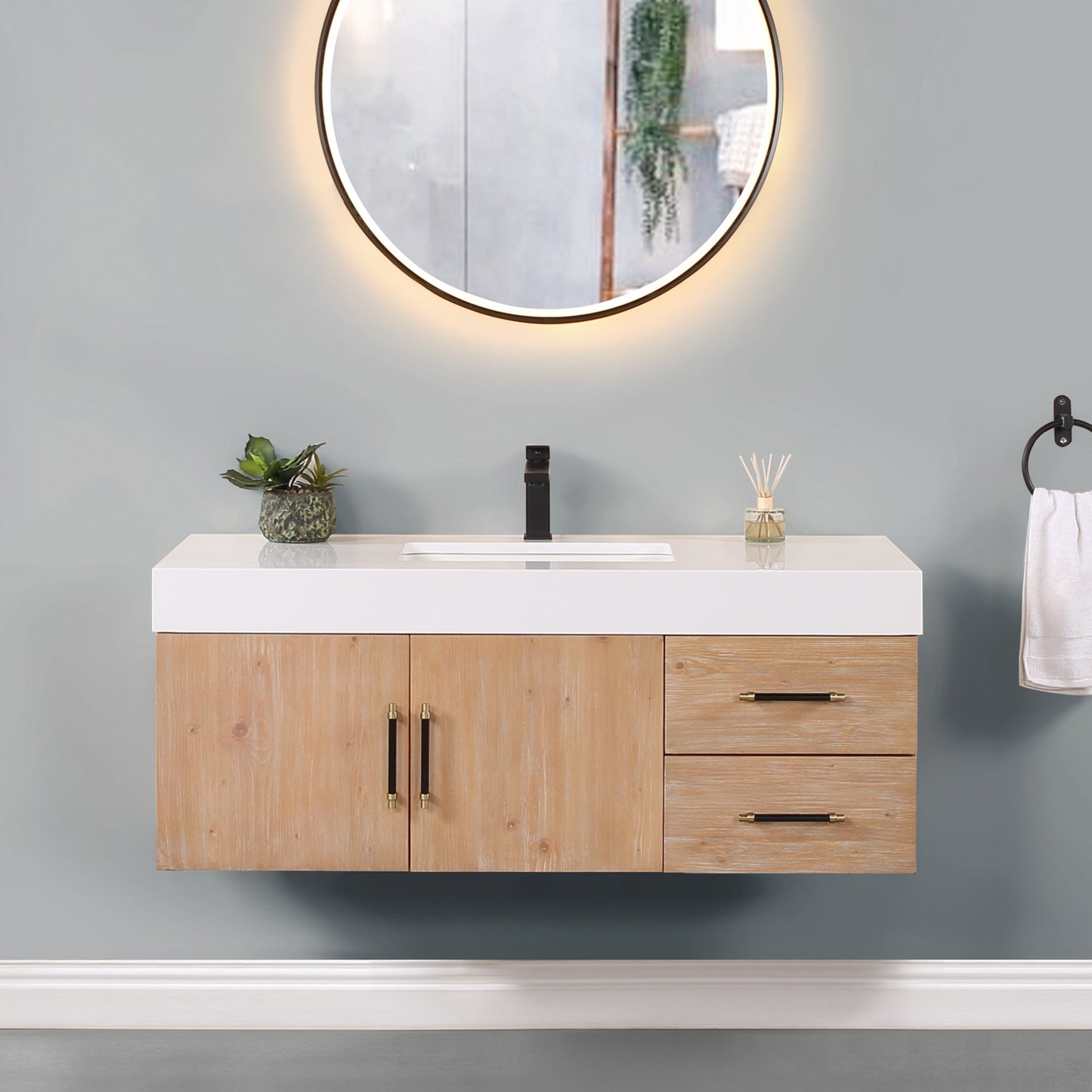 Corchia 48" Wall-mounted Single Bathroom Vanity in Light Brown with White Engineered Stone Countertop without Mirror