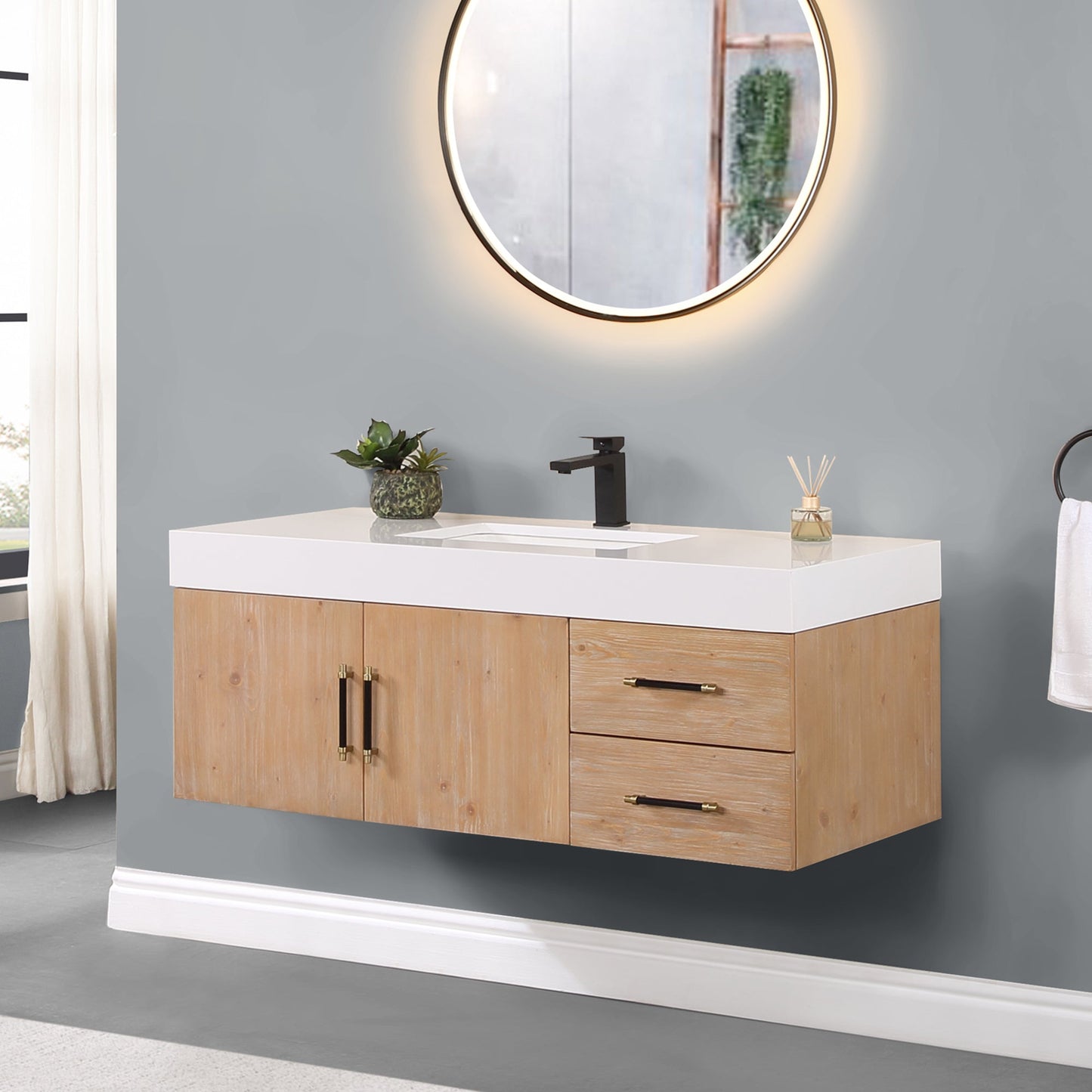 Corchia 48" Wall-mounted Single Bathroom Vanity in Light Brown with White Engineered Stone Countertop without Mirror