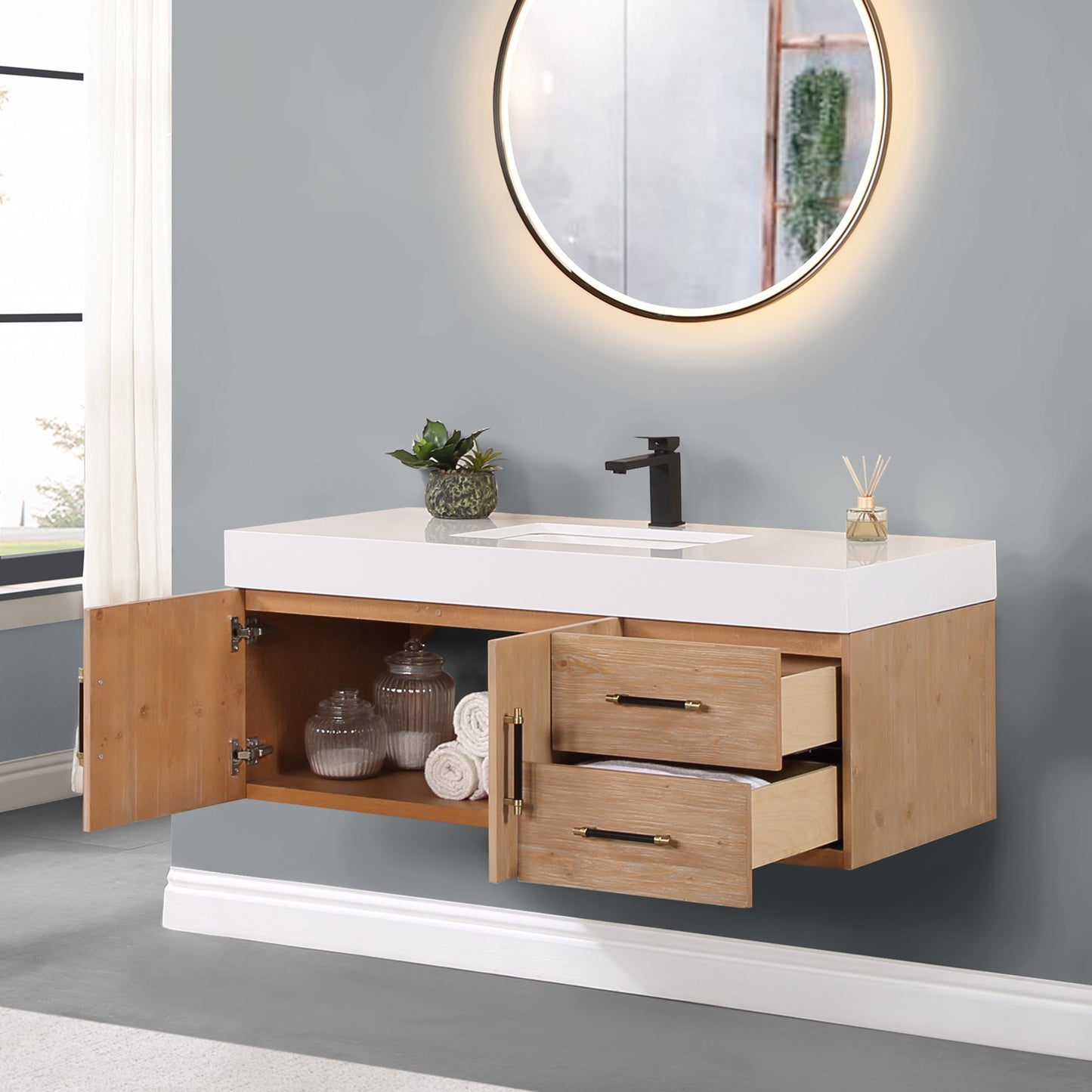Corchia 48" Wall-mounted Single Bathroom Vanity in Light Brown with White Engineered Stone Countertop without Mirror