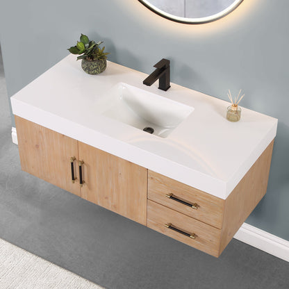 Corchia 48" Wall-mounted Single Bathroom Vanity in Light Brown with White Engineered Stone Countertop without Mirror