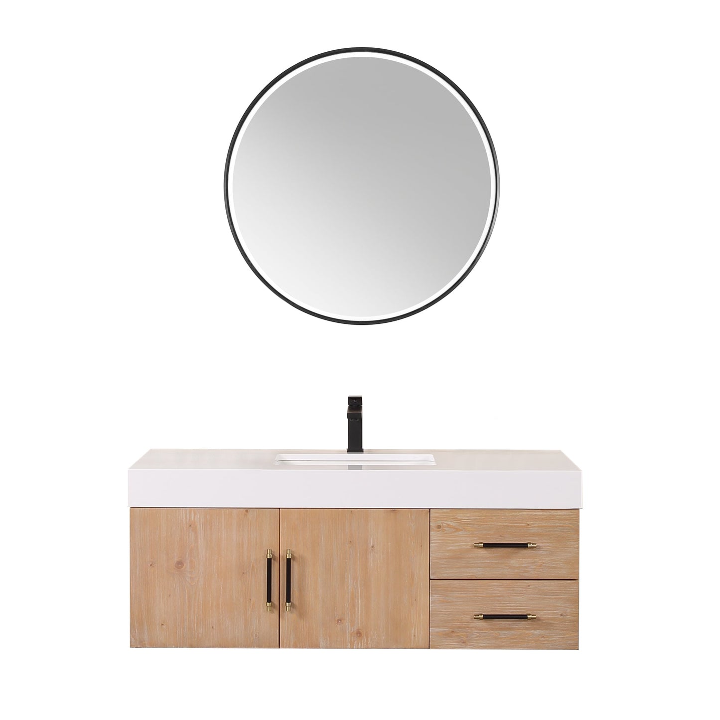 Corchia 48" Wall-mounted Single Bathroom Vanity in Light Brown with White Engineered Stone Countertop with Mirror