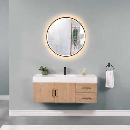 Corchia 48" Wall-mounted Single Bathroom Vanity in Light Brown with White Engineered Stone Countertop with Mirror