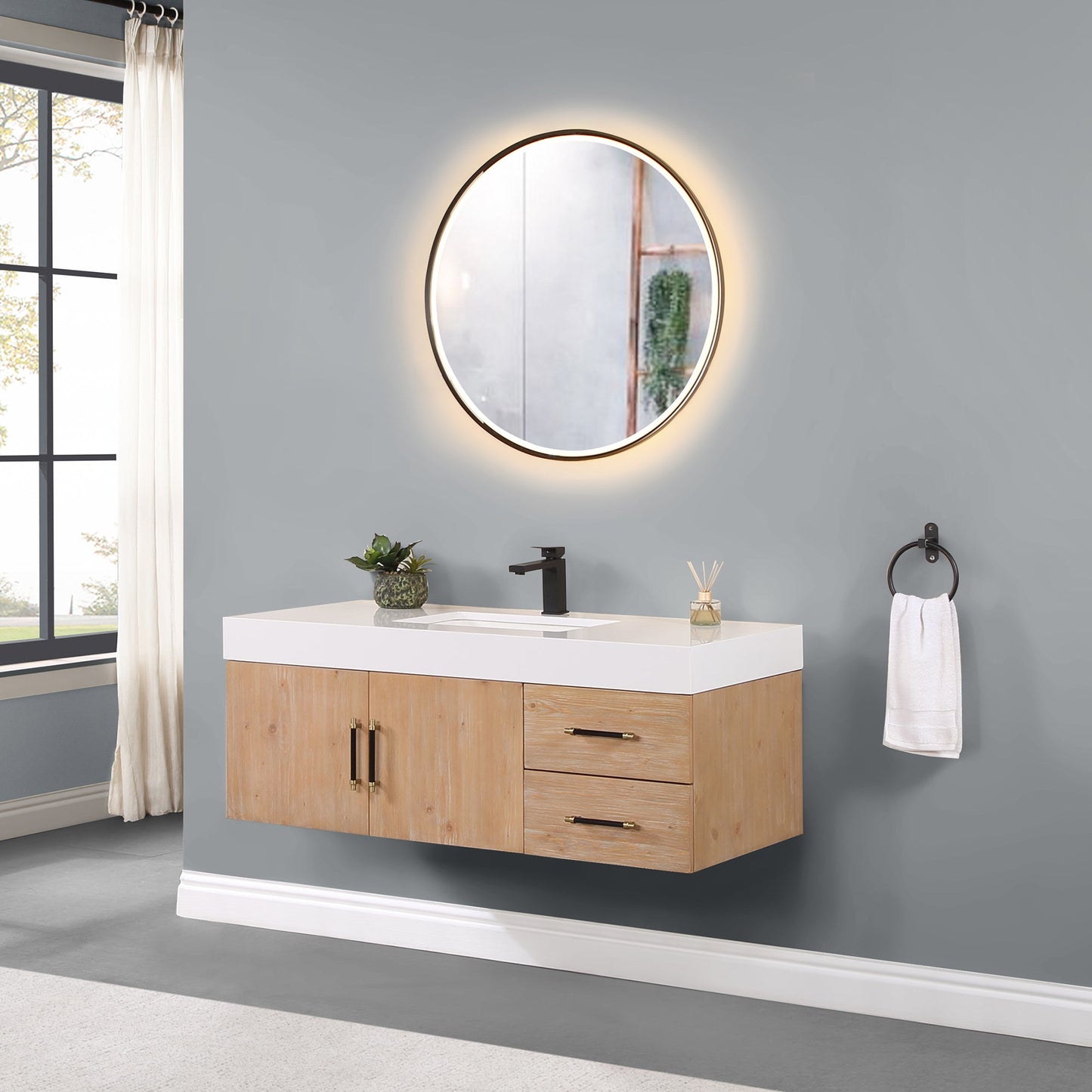 Corchia 48" Wall-mounted Single Bathroom Vanity in Light Brown with White Engineered Stone Countertop with Mirror