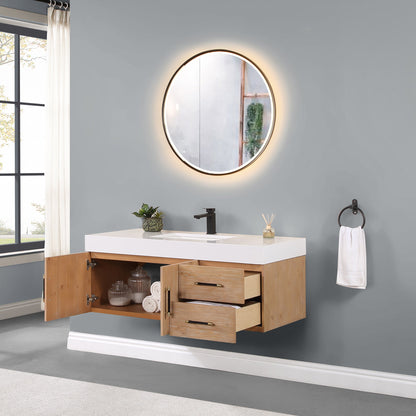 Corchia 48" Wall-mounted Single Bathroom Vanity in Light Brown with White Engineered Stone Countertop with Mirror