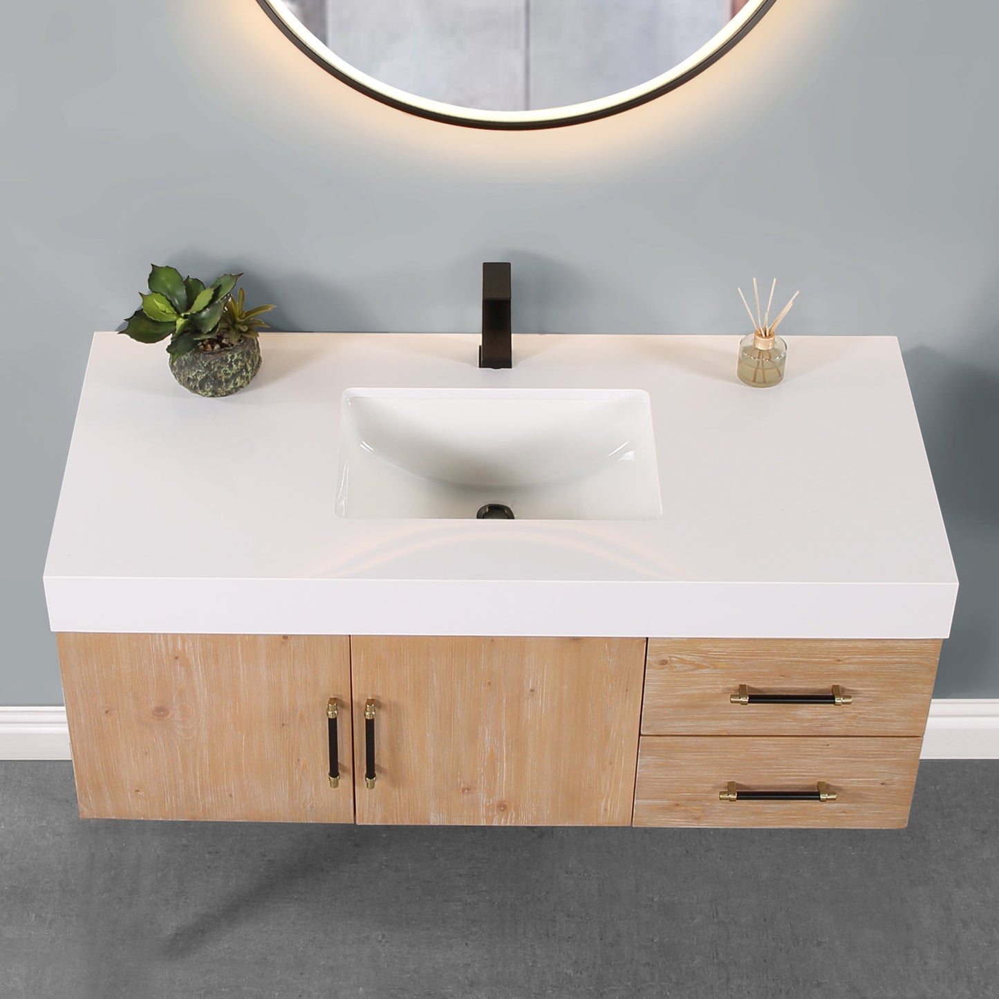 Corchia 48" Wall-mounted Single Bathroom Vanity in Light Brown with White Engineered Stone Countertop with Mirror