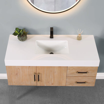 Corchia 48" Wall-mounted Single Bathroom Vanity in Light Brown with White Engineered Stone Countertop with Mirror