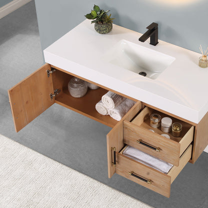 Corchia 48" Wall-mounted Single Bathroom Vanity in Light Brown with White Engineered Stone Countertop with Mirror