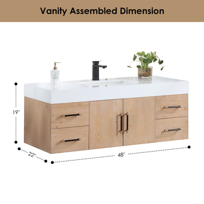 Corchia 48D" Wall-mounted Single Bathroom Vanity in Light Brown with White Engineered Stone Countertop without Mirror