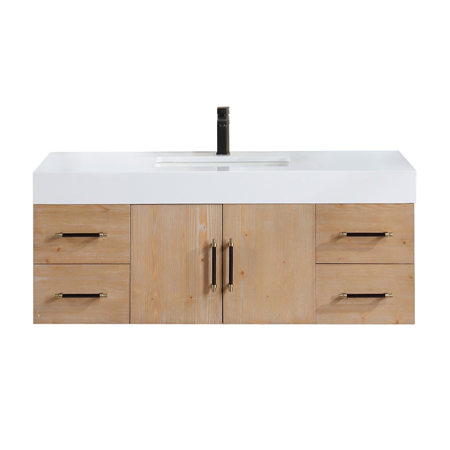 Corchia 48D" Wall-mounted Single Bathroom Vanity in Light Brown with White Engineered Stone Countertop without Mirror
