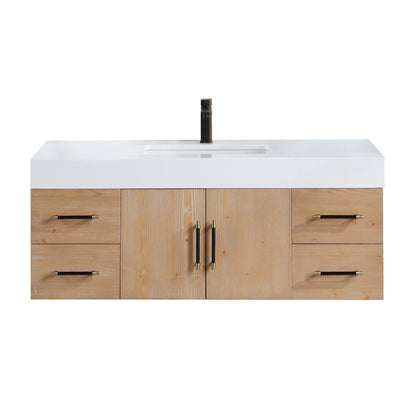 Corchia 48D" Wall-mounted Single Bathroom Vanity in Light Brown with White Engineered Stone Countertop without Mirror