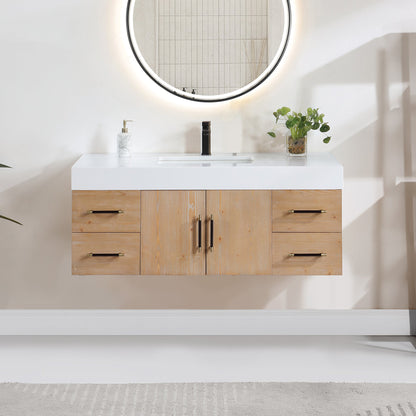 Corchia 48D" Wall-mounted Single Bathroom Vanity in Light Brown with White Engineered Stone Countertop without Mirror