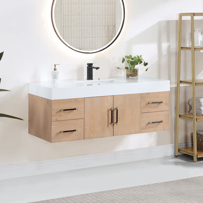 Corchia 48D" Wall-mounted Single Bathroom Vanity in Light Brown with White Engineered Stone Countertop without Mirror