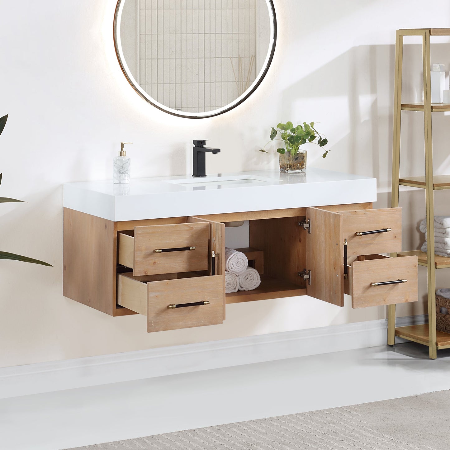 Corchia 48D" Wall-mounted Single Bathroom Vanity in Light Brown with White Engineered Stone Countertop without Mirror