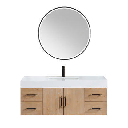 Corchia 48D" Wall-mounted Single Bathroom Vanity in Light Brown with White Engineered Stone Countertop with Mirror