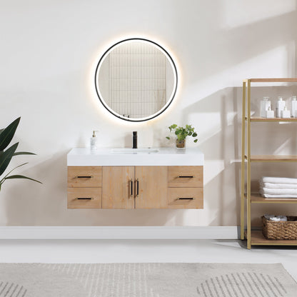 Corchia 48D" Wall-mounted Single Bathroom Vanity in Light Brown with White Engineered Stone Countertop with Mirror