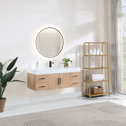 Corchia 48D" Wall-mounted Single Bathroom Vanity in Light Brown with White Engineered Stone Countertop with Mirror