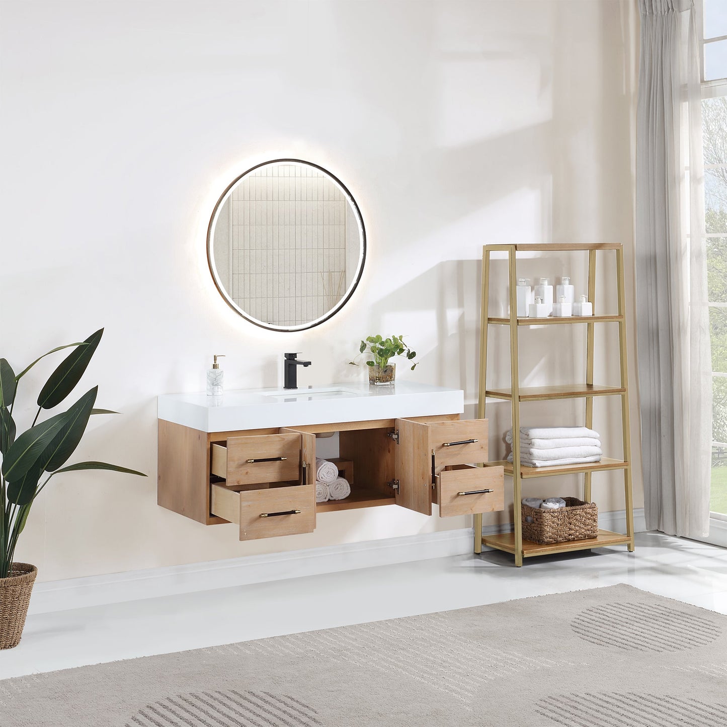 Corchia 48D" Wall-mounted Single Bathroom Vanity in Light Brown with White Engineered Stone Countertop with Mirror