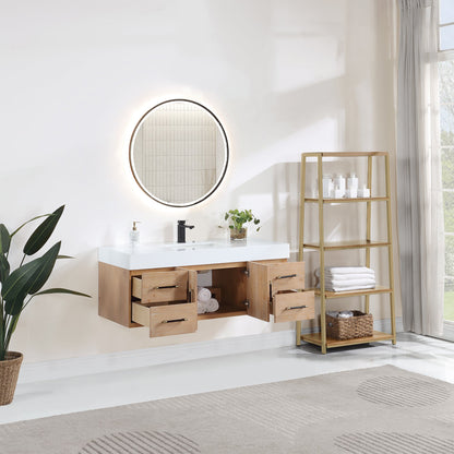 Corchia 48D" Wall-mounted Single Bathroom Vanity in Light Brown with White Engineered Stone Countertop with Mirror