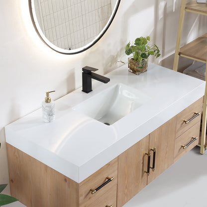 Corchia 48D" Wall-mounted Single Bathroom Vanity in Light Brown with White Engineered Stone Countertop with Mirror