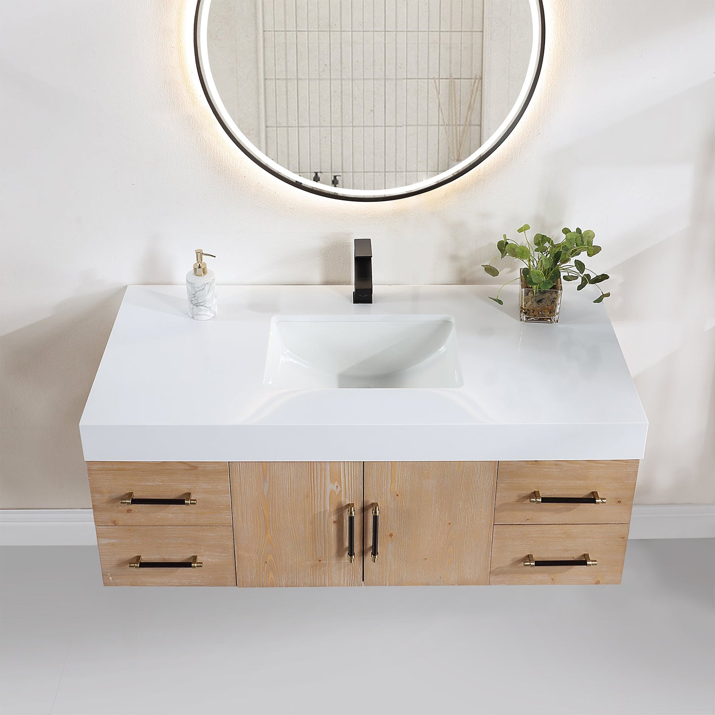 Corchia 48D" Wall-mounted Single Bathroom Vanity in Light Brown with White Engineered Stone Countertop with Mirror