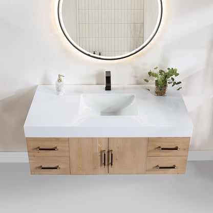 Corchia 48D" Wall-mounted Single Bathroom Vanity in Light Brown with White Engineered Stone Countertop with Mirror