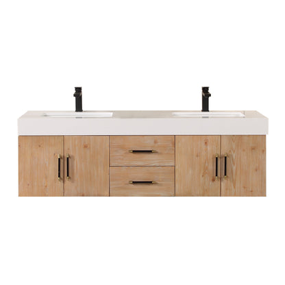 Corchia 60" Wall-mounted Double Bathroom Vanity in Light Brown with White Engineered Stone Countertop without Mirror