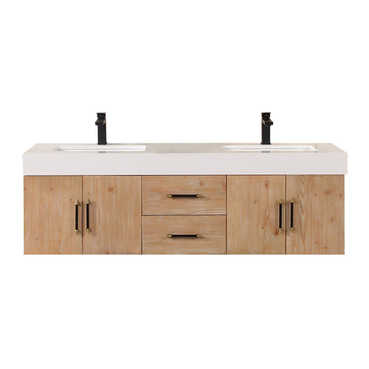 Corchia 60" Wall-mounted Double Bathroom Vanity in Light Brown with White Engineered Stone Countertop without Mirror