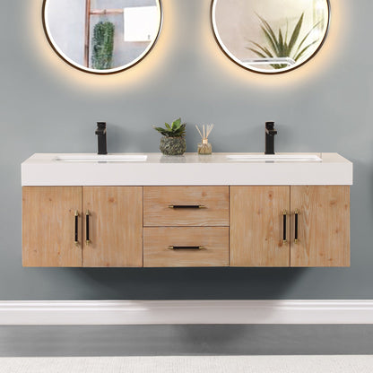 Corchia 60" Wall-mounted Double Bathroom Vanity in Light Brown with White Engineered Stone Countertop without Mirror