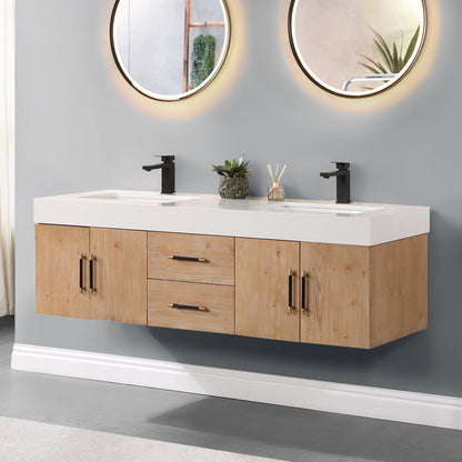 Corchia 60" Wall-mounted Double Bathroom Vanity in Light Brown with White Engineered Stone Countertop without Mirror