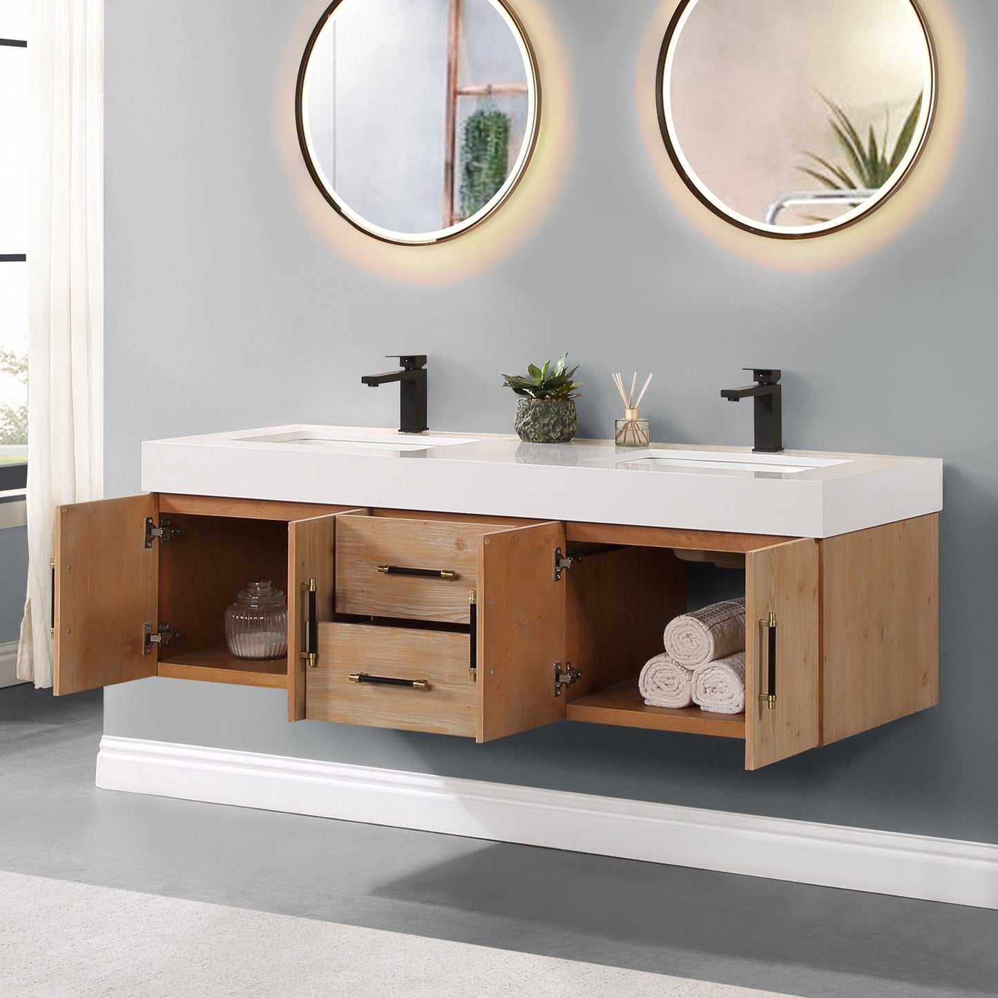 Corchia 60" Wall-mounted Double Bathroom Vanity in Light Brown with White Engineered Stone Countertop without Mirror