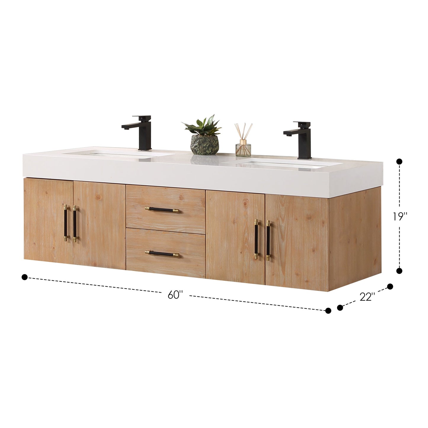 Corchia 60" Wall-mounted Double Bathroom Vanity in Light Brown with White Engineered Stone Countertop with Mirror